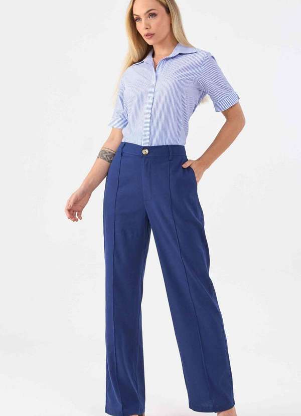 Pks - Calca Pks Alfaiataria Wide Leg Linho Azul 4