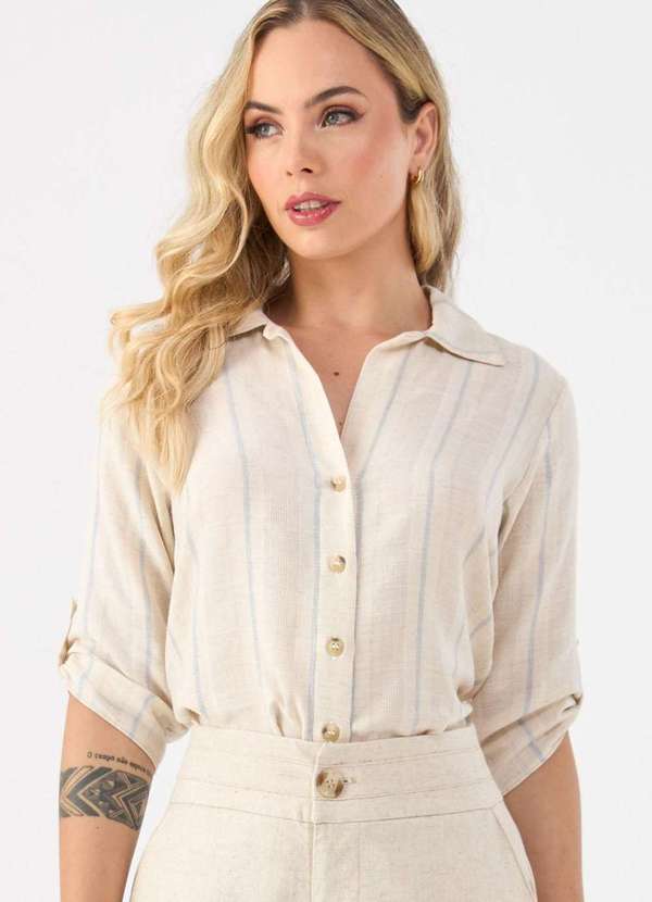 Pks - Camisa Pks de Linho Listrada Bege