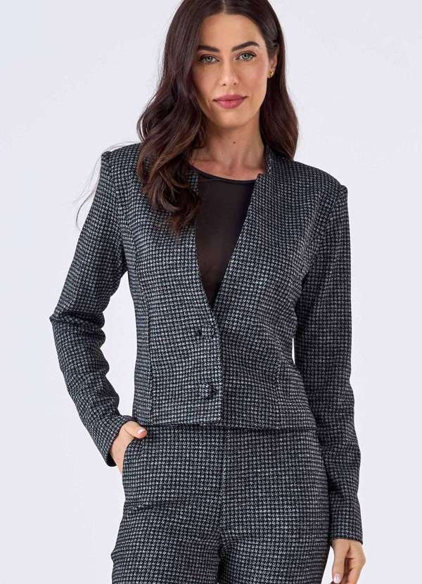 Pks - Blazer Curto Pks Alfaiataria Jacquard Pied de Poule Preto