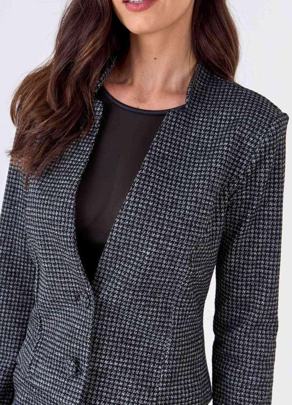 Pks - Blazer Curto Pks Alfaiataria Jacquard Pied de Poule Preto 3