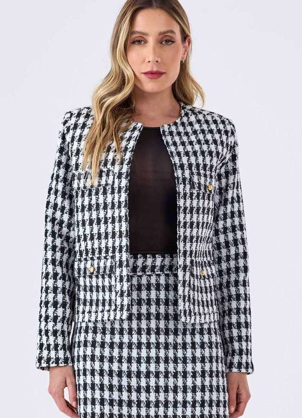 Pks - Blazer Curto Pks Alfaiataria Tweed Preto e Branco Branco