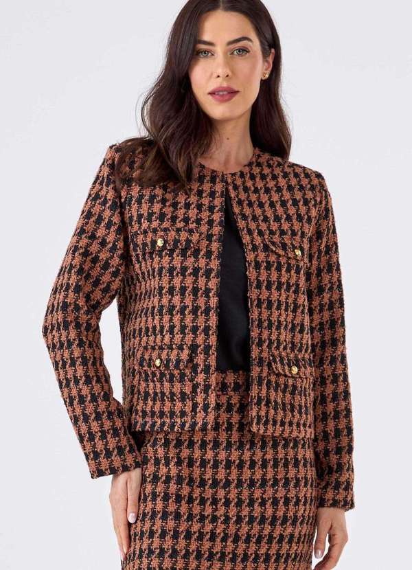 Pks - Blazer Curto Pks Alfaiataria Tweed Preto e Marrom Marrom