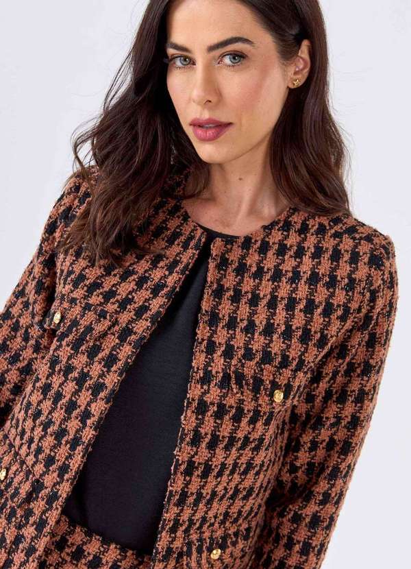 Pks - Blazer Curto Pks Alfaiataria Tweed Preto e Marrom Marrom 3