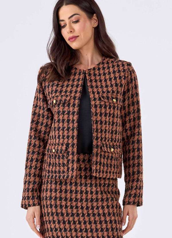 Pks - Blazer Curto Pks Alfaiataria Tweed Preto e Marrom Marrom 4