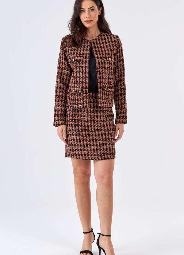 Pks - Blazer Curto Pks Alfaiataria Tweed Preto e Marrom Marrom 5