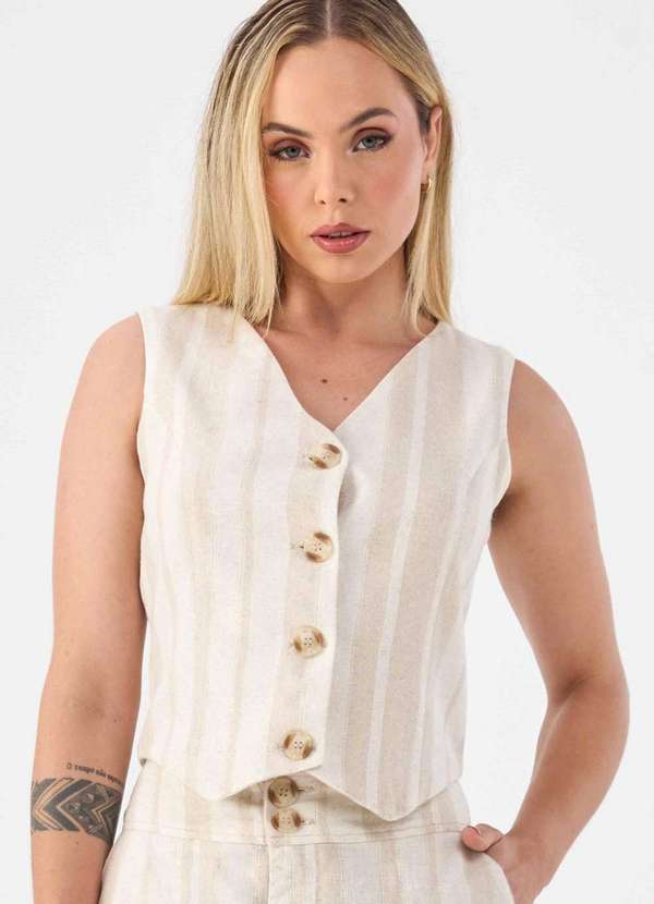 Pks - Colete Pks Alfaiataria Linho Natural Listrado Bege