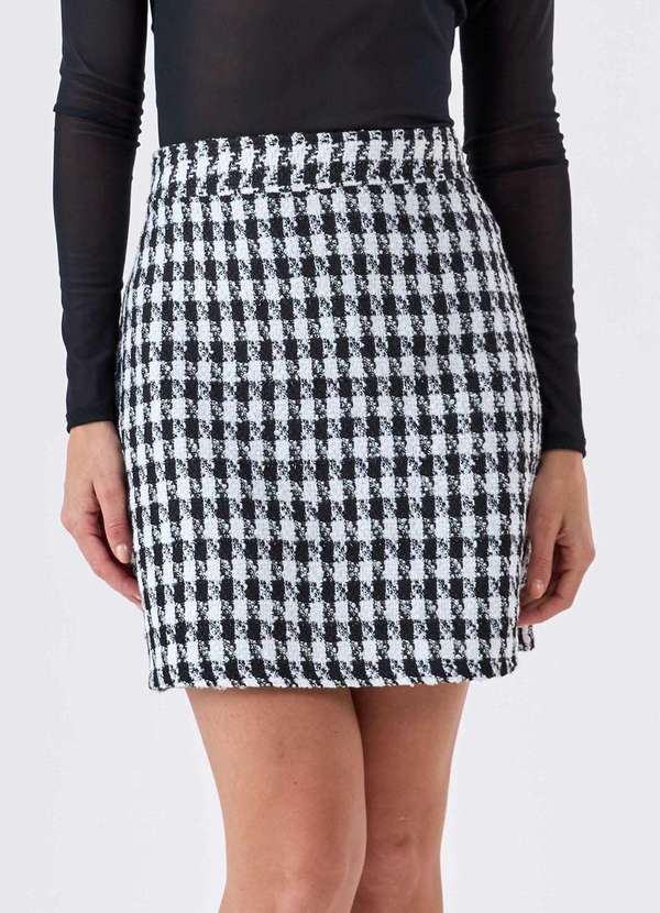 Pks - Saia Curta Pks Alfaiataria Tweed Preto e Branco Branco