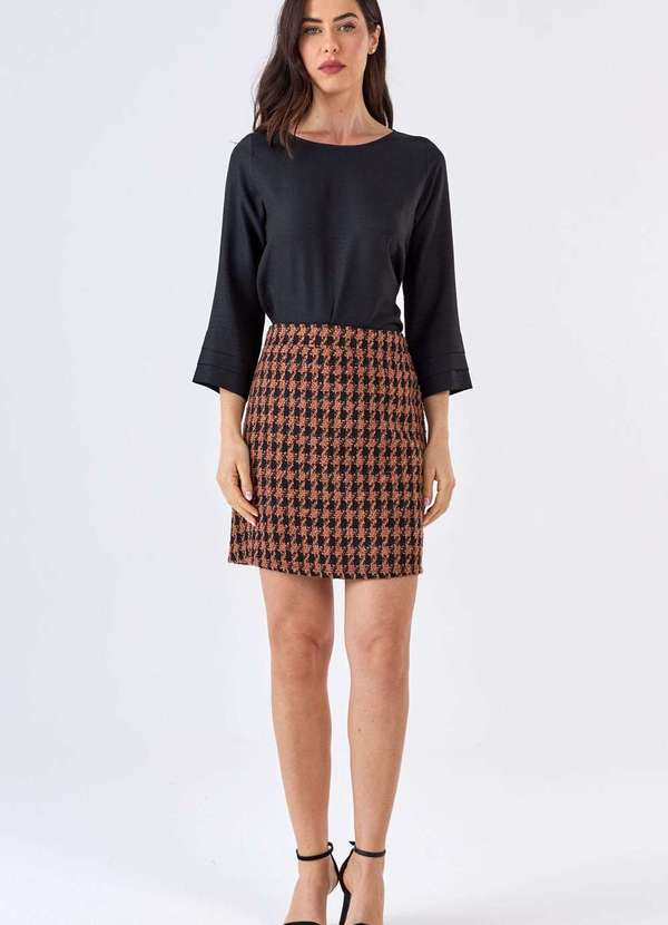 Pks - Saia Curta Pks Alfaiataria Tweed Preto e Marrom Marrom 4
