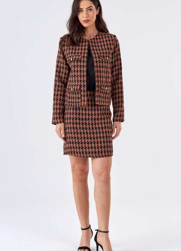 Pks - Saia Curta Pks Alfaiataria Tweed Preto e Marrom Marrom 5