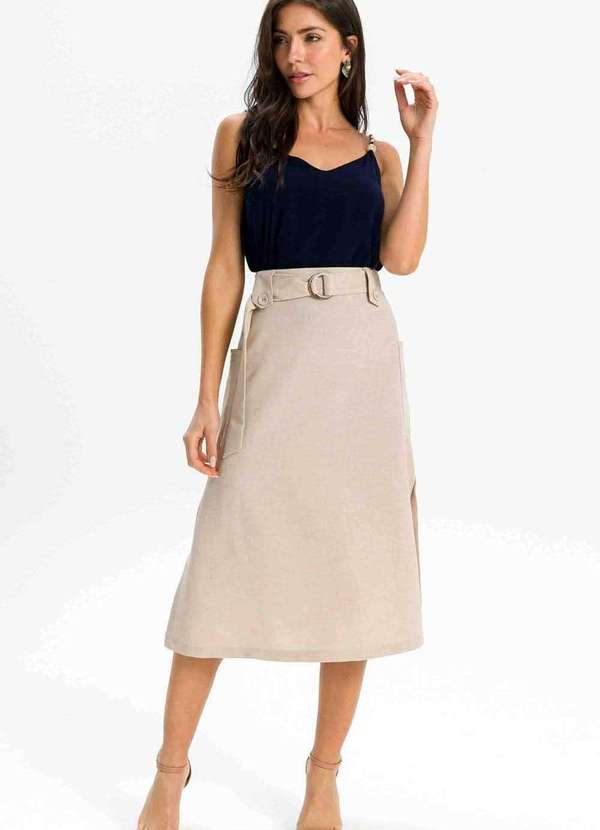 Pks - Saia Midi com Bolsos e Cinto Bege 4