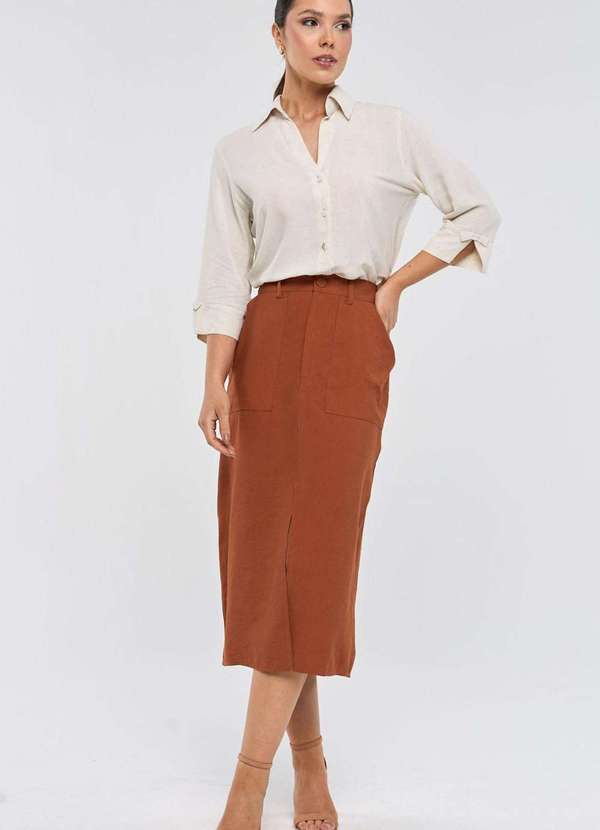 Pks - Saia Midi Pks Alfaiataria em Viscose Marrom 4