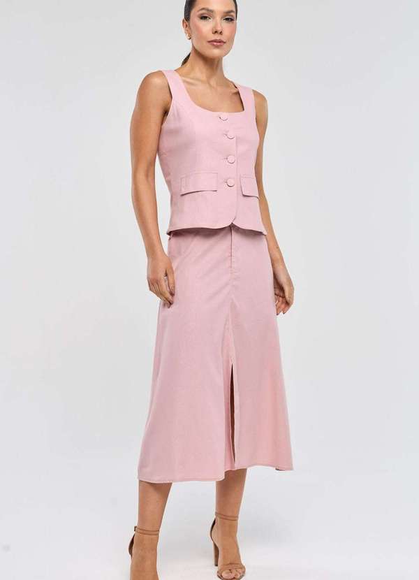 Pks - Saia Midi Pks com Fenda Linho Rosa 4