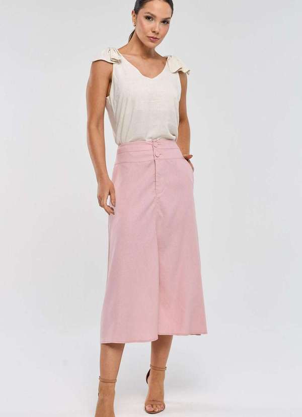 Pks - Saia Midi Pks com Fenda Linho Rosa 5