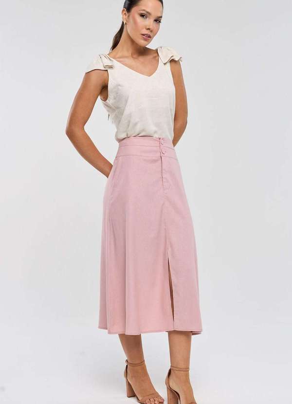 Pks - Saia Midi Pks com Fenda Linho Rosa 6