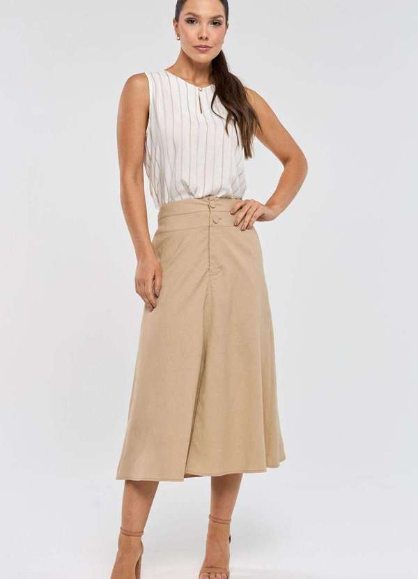 Pks - Saia Midi Pks com Fenda Linho Bege 4