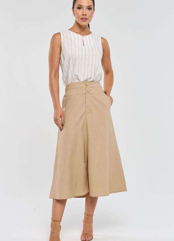 Pks - Saia Midi Pks com Fenda Linho Bege 5