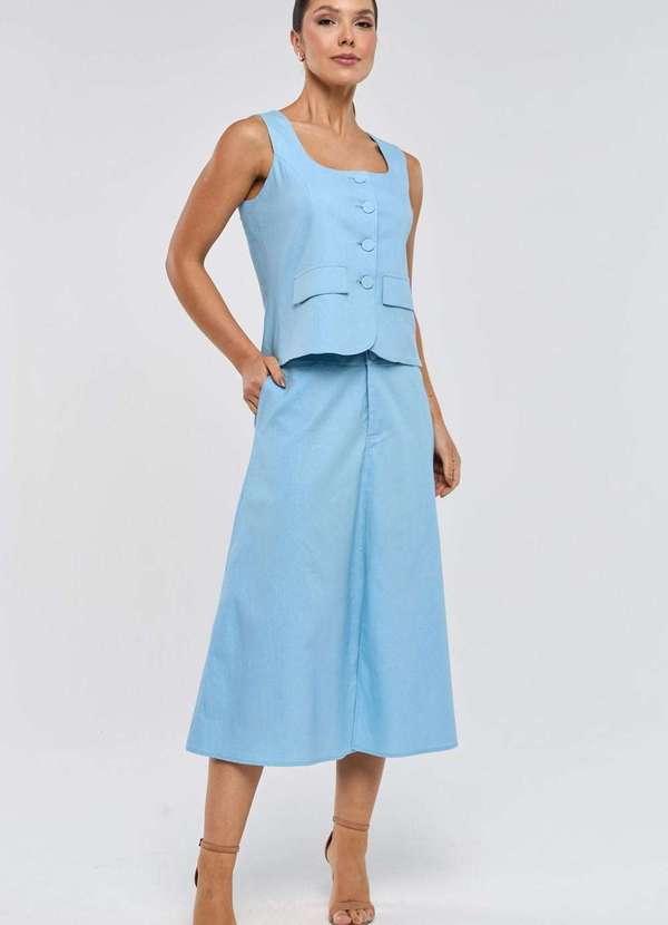 Pks - Saia Midi Pks com Fenda Linho Azul 4