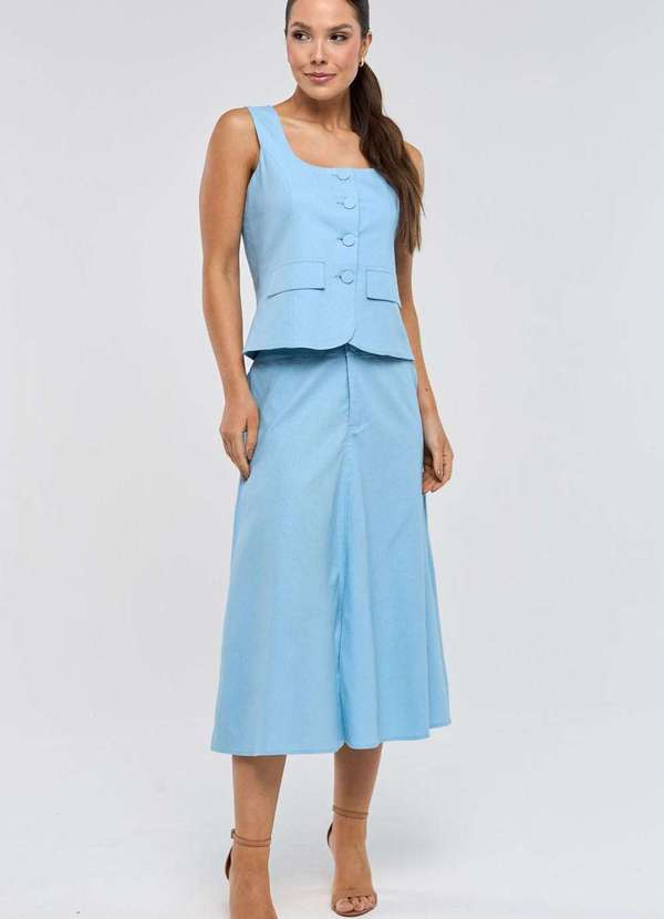 Pks - Saia Midi Pks com Fenda Linho Azul 5