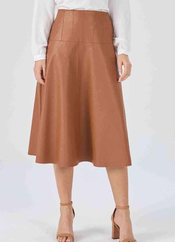 Pks - Saia Midi Pks Evase com Pespontos Marrom
