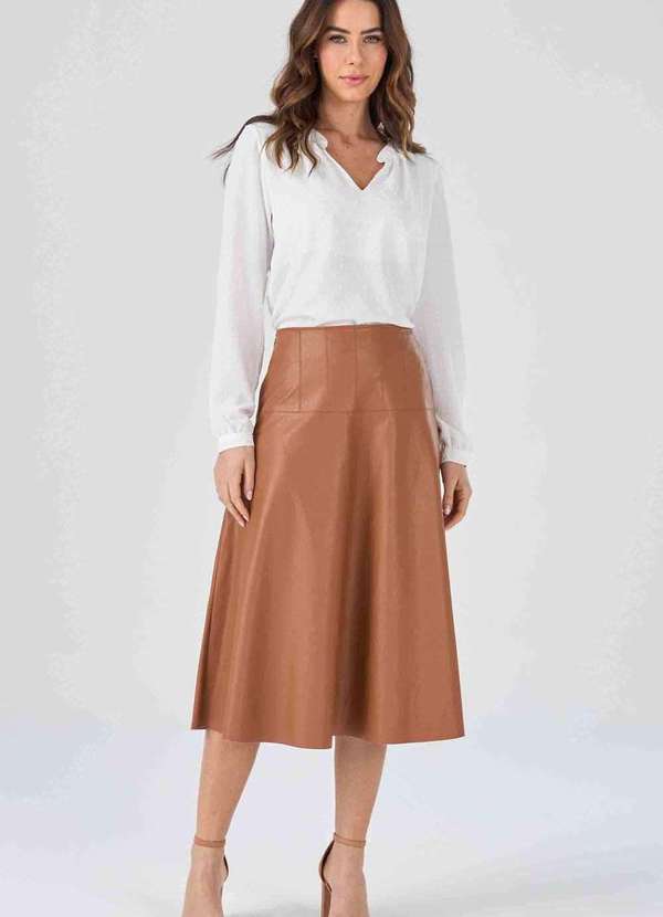 Pks - Saia Midi Pks Evase com Pespontos Marrom 4