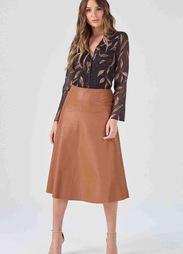 Pks - Saia Midi Pks Evase com Pespontos Marrom 5