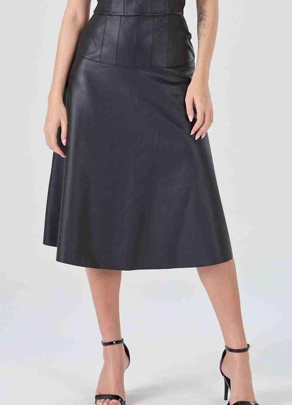 Pks - Saia Midi Pks Evase com Pespontos Preto