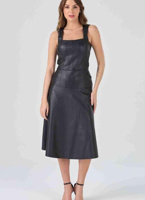 Pks - Saia Midi Pks Evase com Pespontos Preto 4