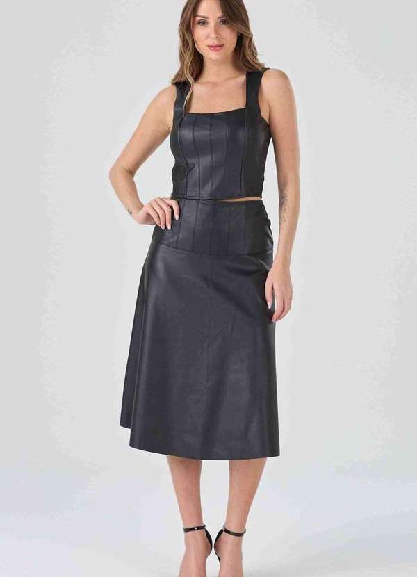 Pks - Saia Midi Pks Evase com Pespontos Preto 5