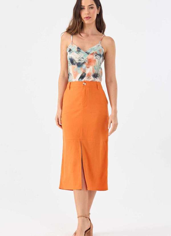 Pks - Saia Midi Pks Linho Laranja 4