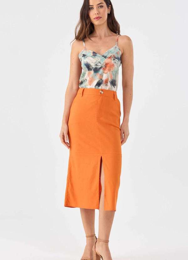 Pks - Saia Midi Pks Linho Laranja 5