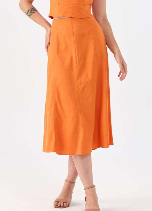 Pks - Saia Midi Pks Linho Laranja