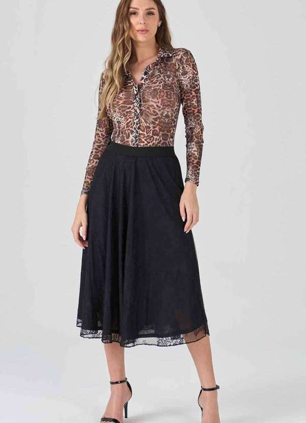 Pks - Saia Midi Pks Tule com Renda Preto 5