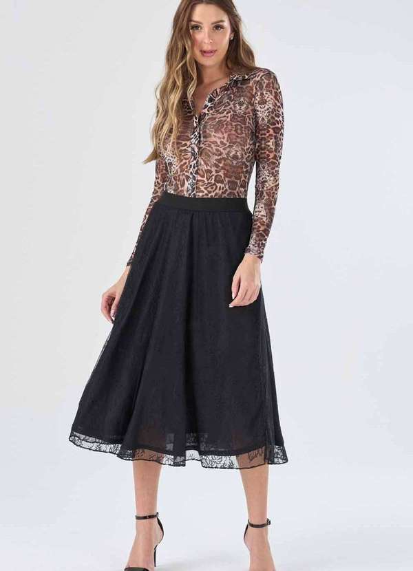 Pks - Saia Midi Pks Tule com Renda Preto 6