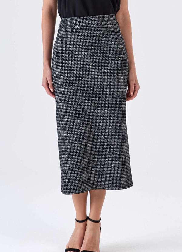 Pks - Saia Midi Reta Pks Jacquard Pied de Poule Preto