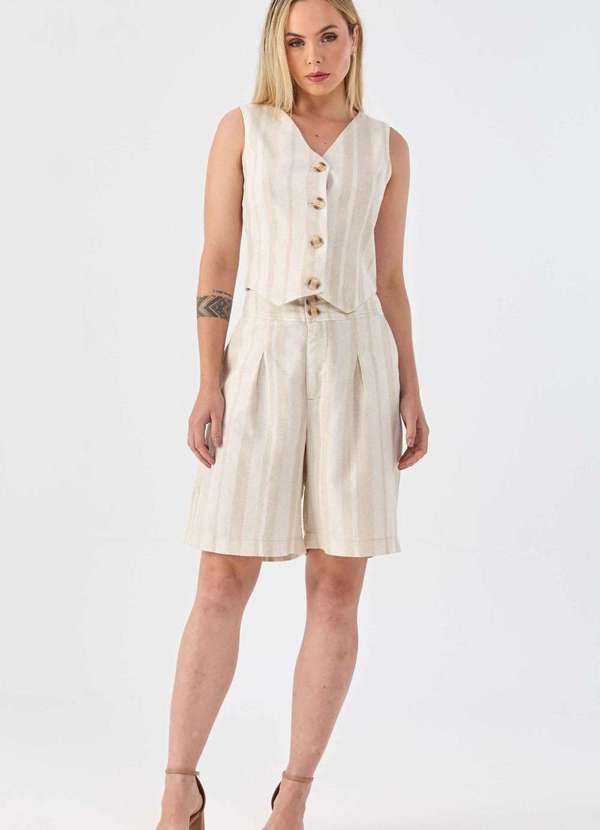 Pks - Bermuda Pks Alfaiataria Linho Natural Listrado Bege 4