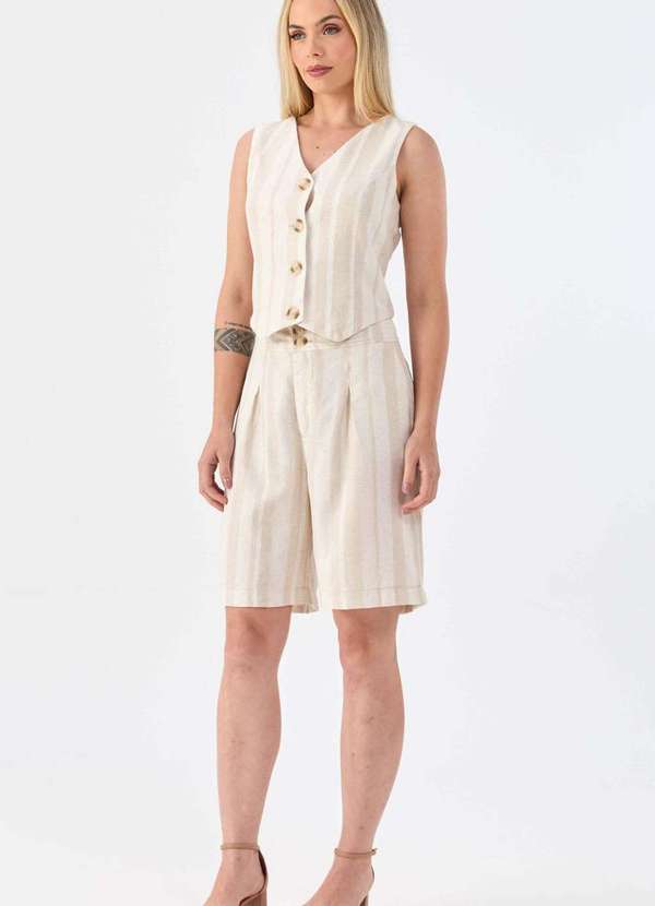 Pks - Bermuda Pks Alfaiataria Linho Natural Listrado Bege 5