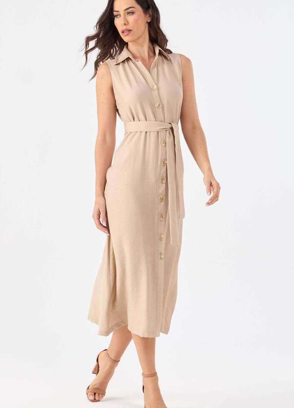 Pks - Vestido Chemise Midi Pks Viscose Bege 6