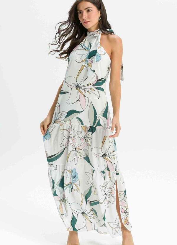 Pks - Vestido Longo Estampado Fenda Lateral Branco