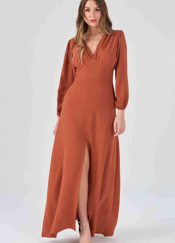 Pks - Vestido Longo Pks com Fenda Terracota Marrom