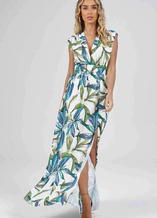 Pks - Vestido Longo Pks Estampado Folhas Branco