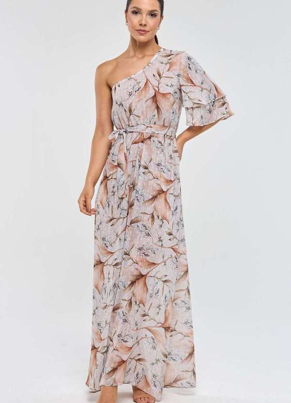 Pks - Vestido Longo Pks um Ombro So Estampa Mousse Bege