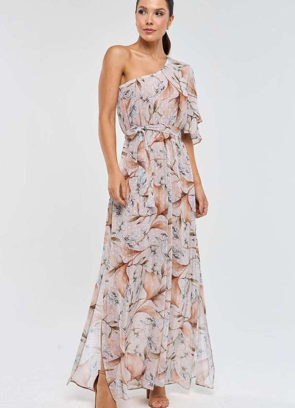 Pks - Vestido Longo Pks um Ombro So Estampa Mousse Bege 3