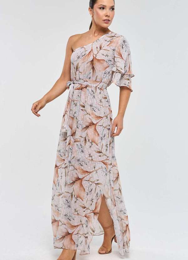 Pks - Vestido Longo Pks um Ombro So Estampa Mousse Bege 5