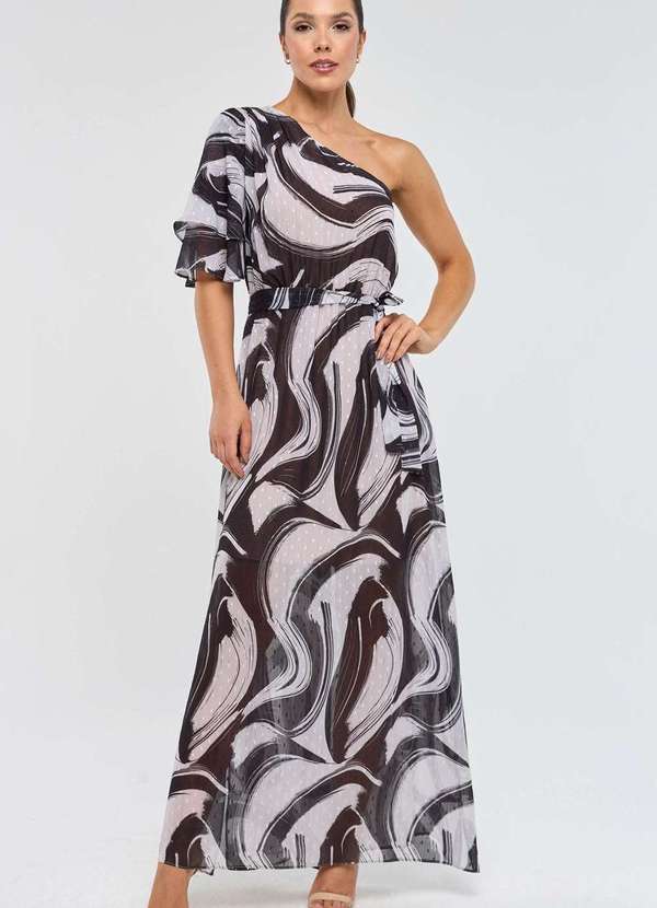 Pks - Vestido Longo Pks um Ombro So Estampa Wave Preto 4