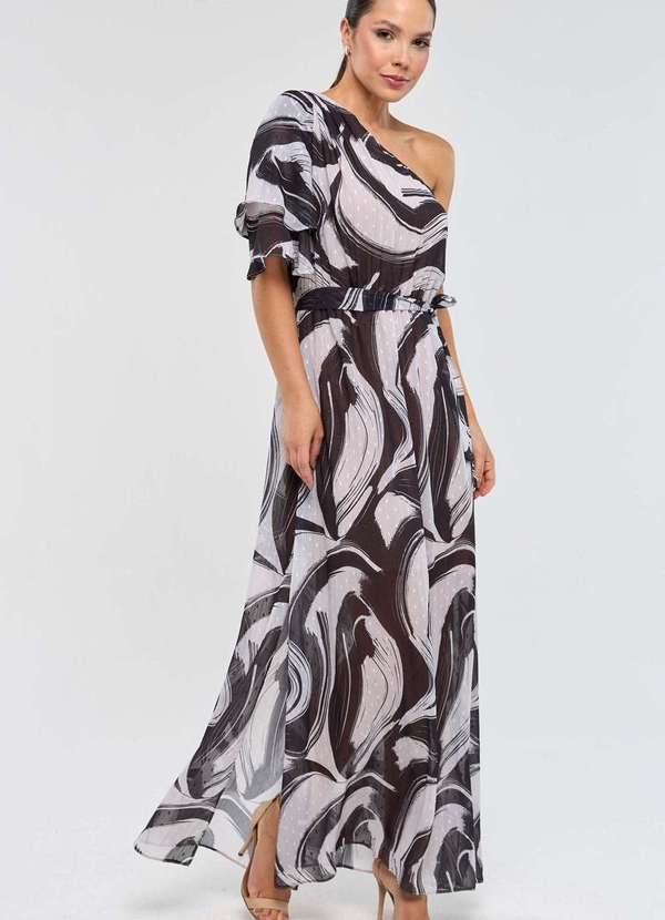 Pks - Vestido Longo Pks um Ombro So Estampa Wave Preto 5