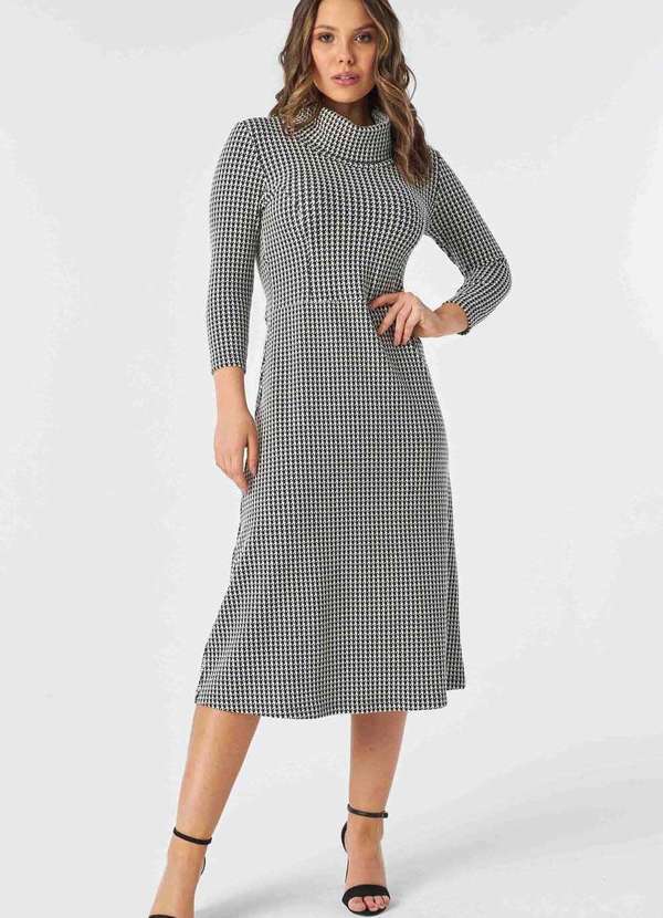 Pks - Vestido Midi Malha Jacquard Pied de Poule Branco