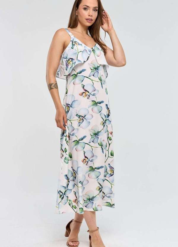 Pks - Vestido Midi Pks Alcas Estampa Floral Blue Bege