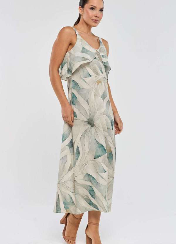 Pks - Vestido Midi Pks Alcas Estampa Green Leaves Verde