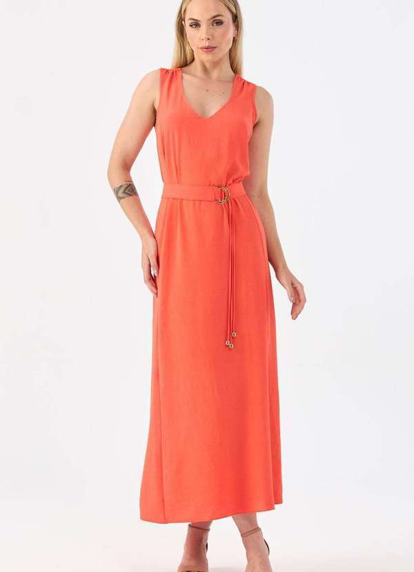 Pks - Vestido Midi Pks Alcas Largas com Cinto Laranja