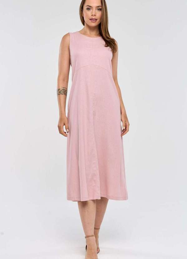 Pks - Vestido Midi Pks com Bolsos Linho Rosa